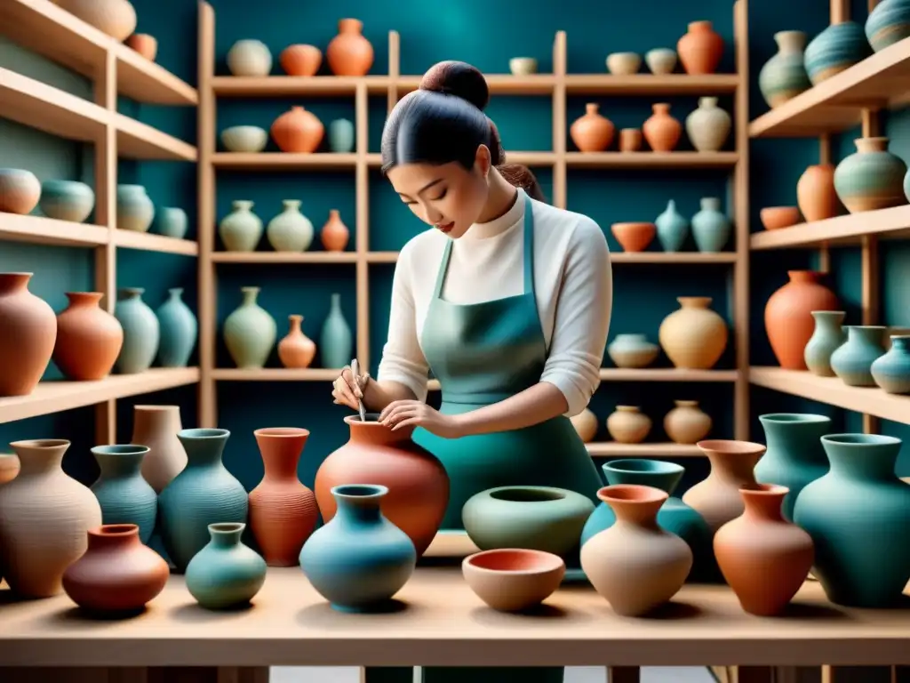 Grupo diverso de artistas creando cerámica contemporánea con técnicas tradicionales y diseño moderno en un estudio lleno de luz y color