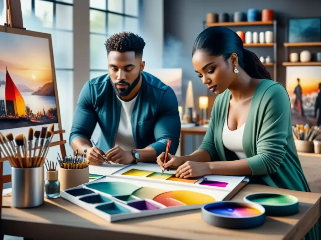 Grupo diverso de artistas contemporáneos en estudio de arte inclusivo, reflejando la Teoría de género arte contemporáneo