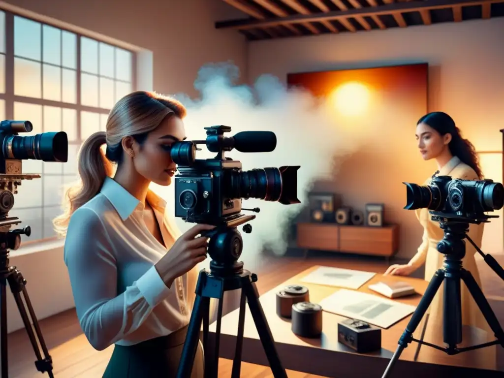 Un grupo diverso de artistas inmersos en una sesión de fotografía analógica en un estudio soleado y etéreo, evocando nostalgia y creatividad