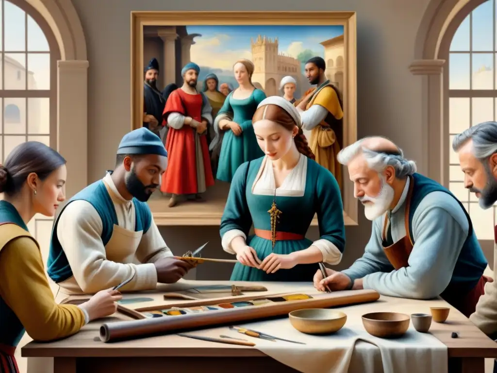 Grupo diverso de artistas restauradores comparten conocimientos y técnicas al restaurar una pintura renacentista