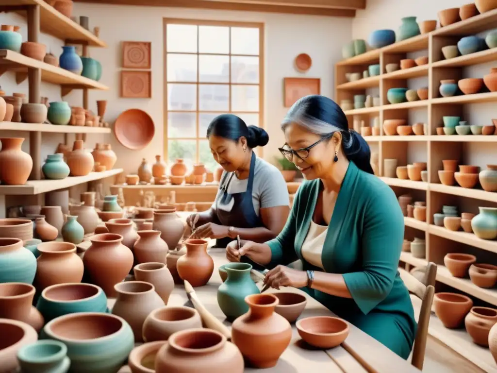 Grupo diverso crea cerámica en un estudio vibrante