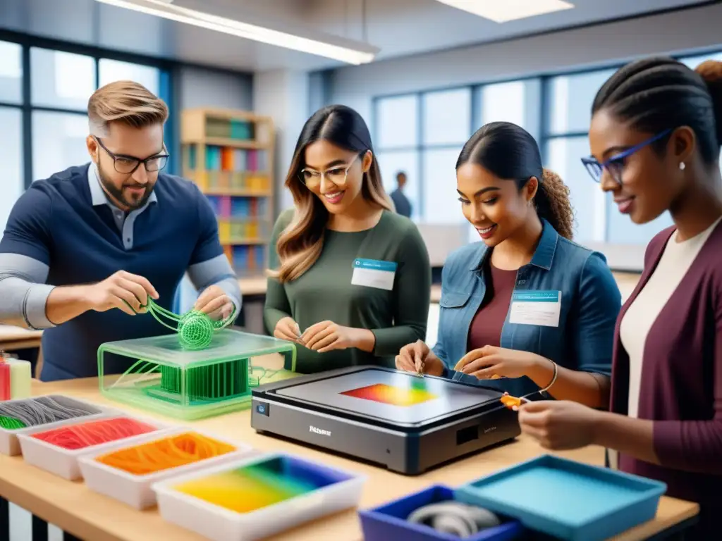 Un grupo diverso de educadores entusiastas de arte usando impresión 3D en un aula moderna y luminosa, creando obras de arte intrincadas