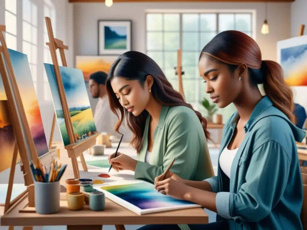 Grupo diverso de estudiantes disfrutando de beneficios del arte para la salud mental en un estudio lleno de luz y color