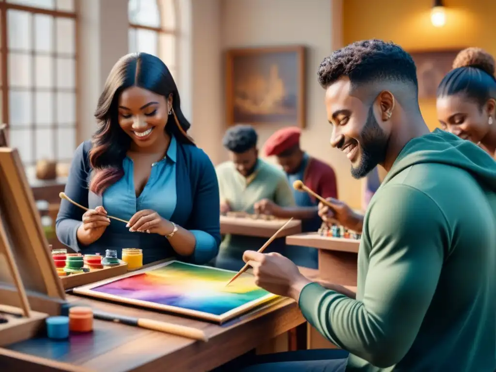 Un grupo diverso de estudiantes disfrutando los beneficios del arte en su salud mental, inmersos en diversas expresiones artísticas