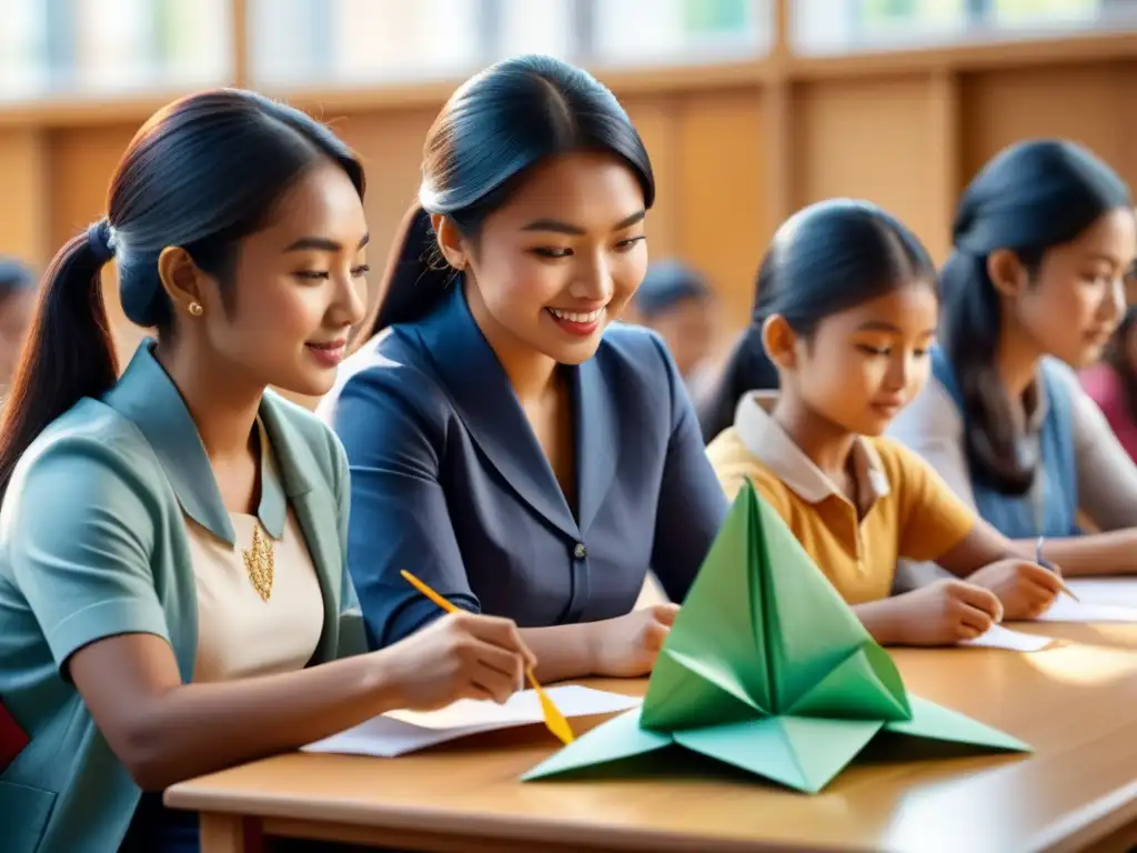 Grupo diverso de estudiantes concentrados en origami en el aula técnica