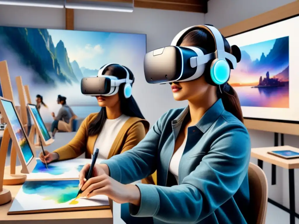 Grupo diverso de estudiantes en un estudio de arte virtual, usando realidad virtual para aprender arte
