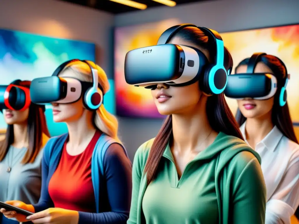 Grupo diverso de estudiantes inmersos en aprendizaje de arte con realidad virtual, rodeados de herramientas artísticas virtuales