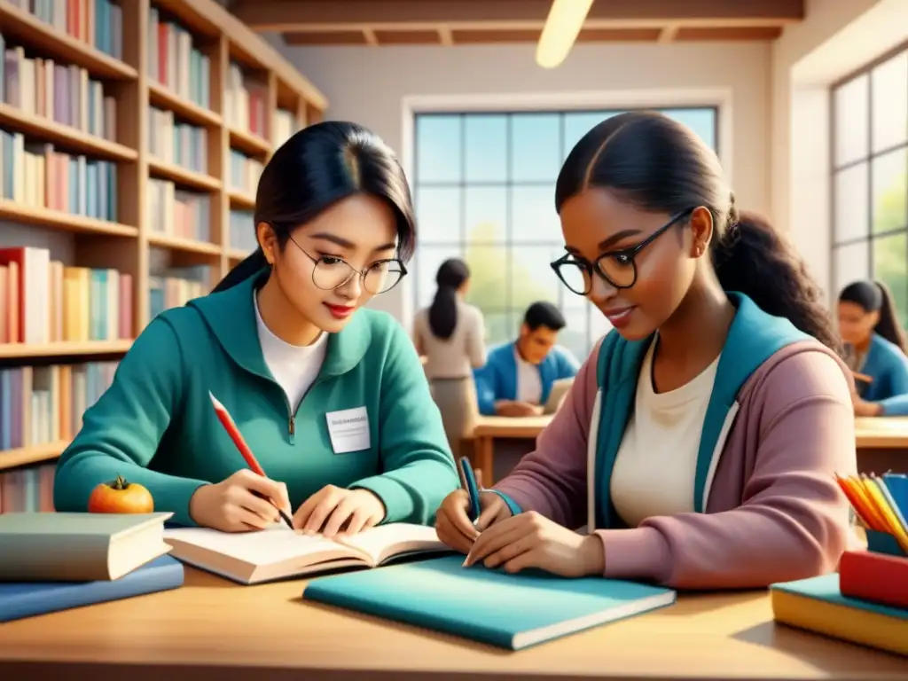 Un grupo diverso de estudiantes inmersos en actividades educativas, rodeados de libros, herramientas artísticas y tecnológicas