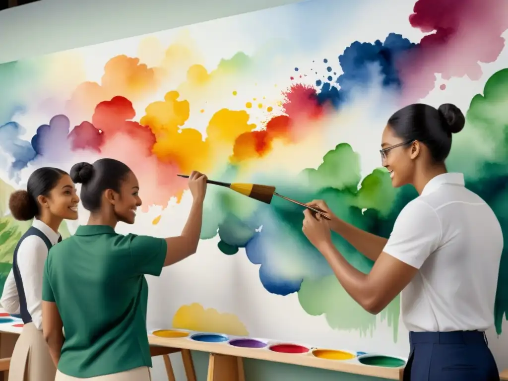 Grupo diverso de estudiantes colaborando en un mural con témpera en aula brillante