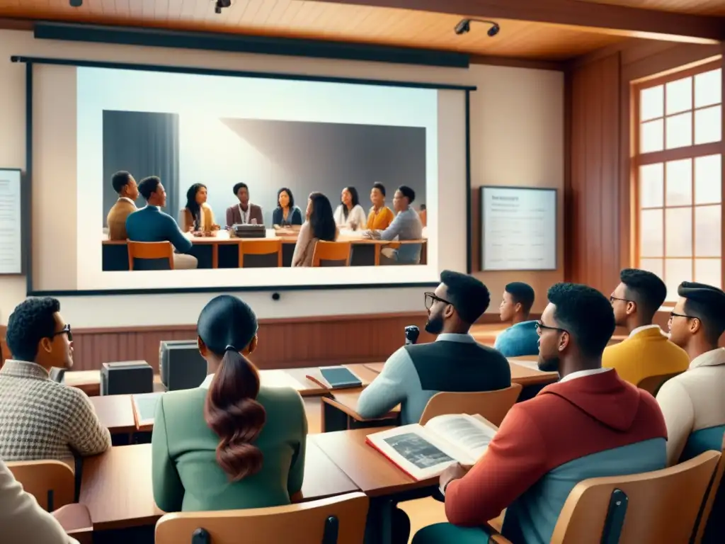 Grupo diverso de estudiantes disfrutando de una película clásica en clase