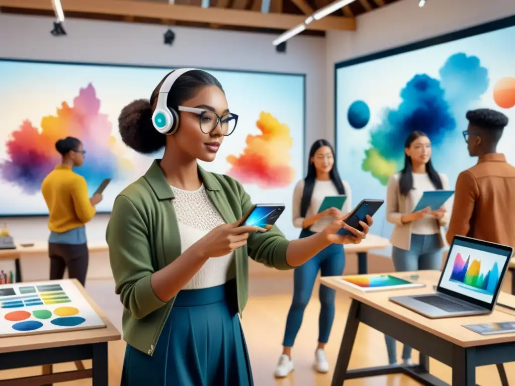 Grupo diverso de estudiantes usando realidad aumentada en educación artística, creando obras digitales en un aula vibrante