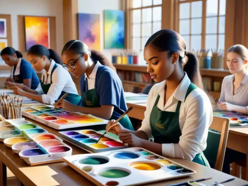 Estudiantes secundarios crean obras de arte vibrantes en acuarela Grupo diverso de estudiantes secundarios se enfocan en pintar acuarelas vibrantes, rodeados de material artístico