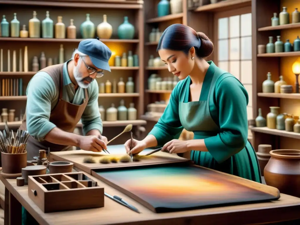 Un grupo diverso de expertos en restauración de arte de diferentes culturas colaborando armoniosamente en una obra maestra centenaria en un taller de restauración lleno de herramientas antiguas