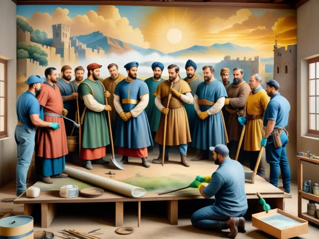 Un grupo diverso de expertos en restauración trabajando juntos con meticulosidad en la restauración de un mural centenario