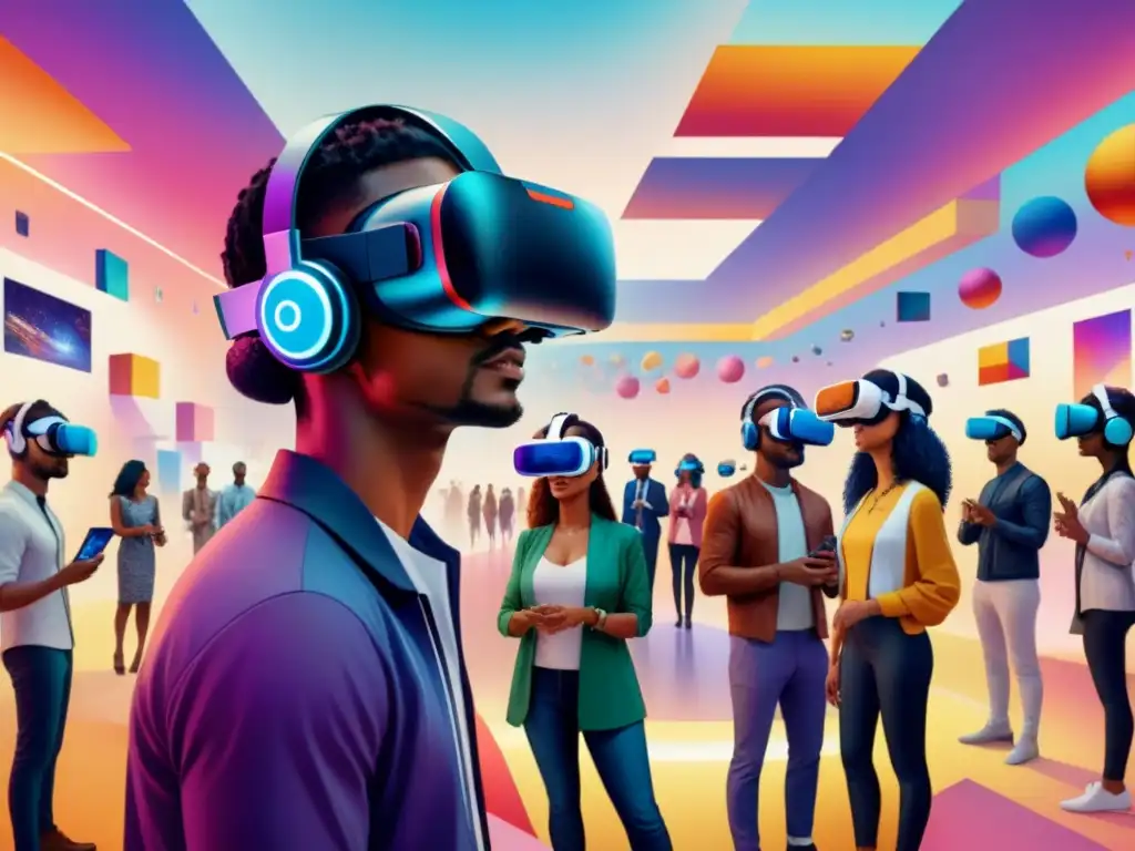 Un grupo diverso disfruta de una expo de arte inclusivo en realidad virtual, lleno de color y emoción