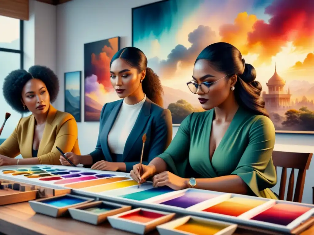 Grupo diverso de mujeres artistas creando juntas en estudio vibrante, reflejando determinación y empoderamiento