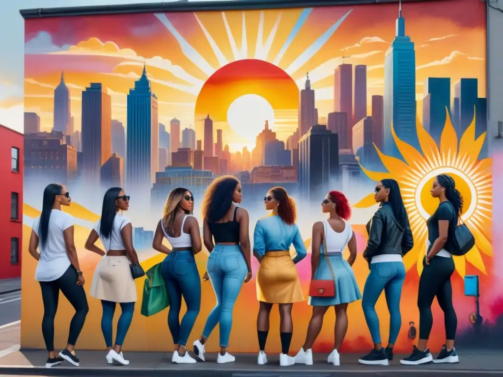 Grupo diverso de mujeres artistas creando arte urbano empoderador en un muro de la ciudad al atardecer