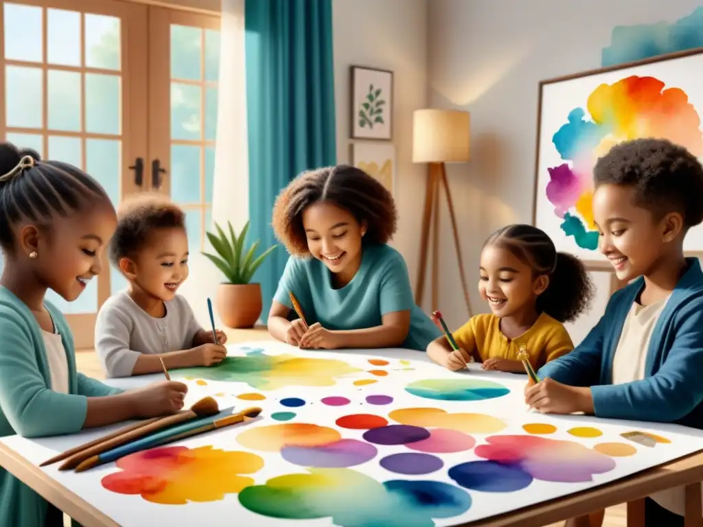 Un grupo diverso de niños fusionando arte y poesía en un estudio lleno de luz y creatividad