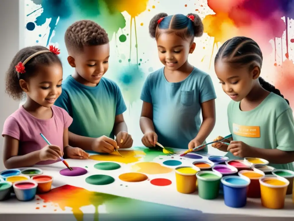 Un grupo diverso de niños disfruta creando arte con pinturas y materiales, mostrando el desarrollo cognitivo en niños arte