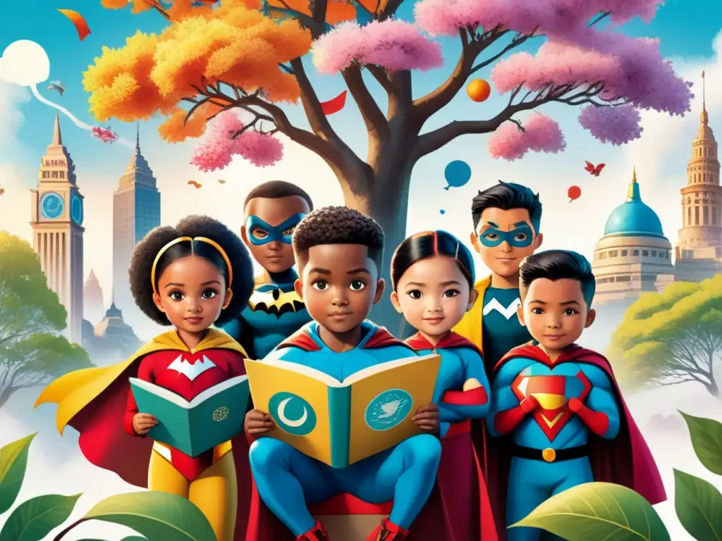 Un grupo diverso de niños lee cómics educativos bajo un árbol del conocimiento en una ilustración de acuarela