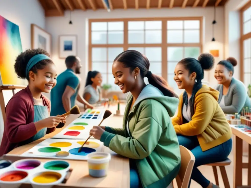 Grupo diverso de niños felices en un estudio de arte comunitario, creando juntos