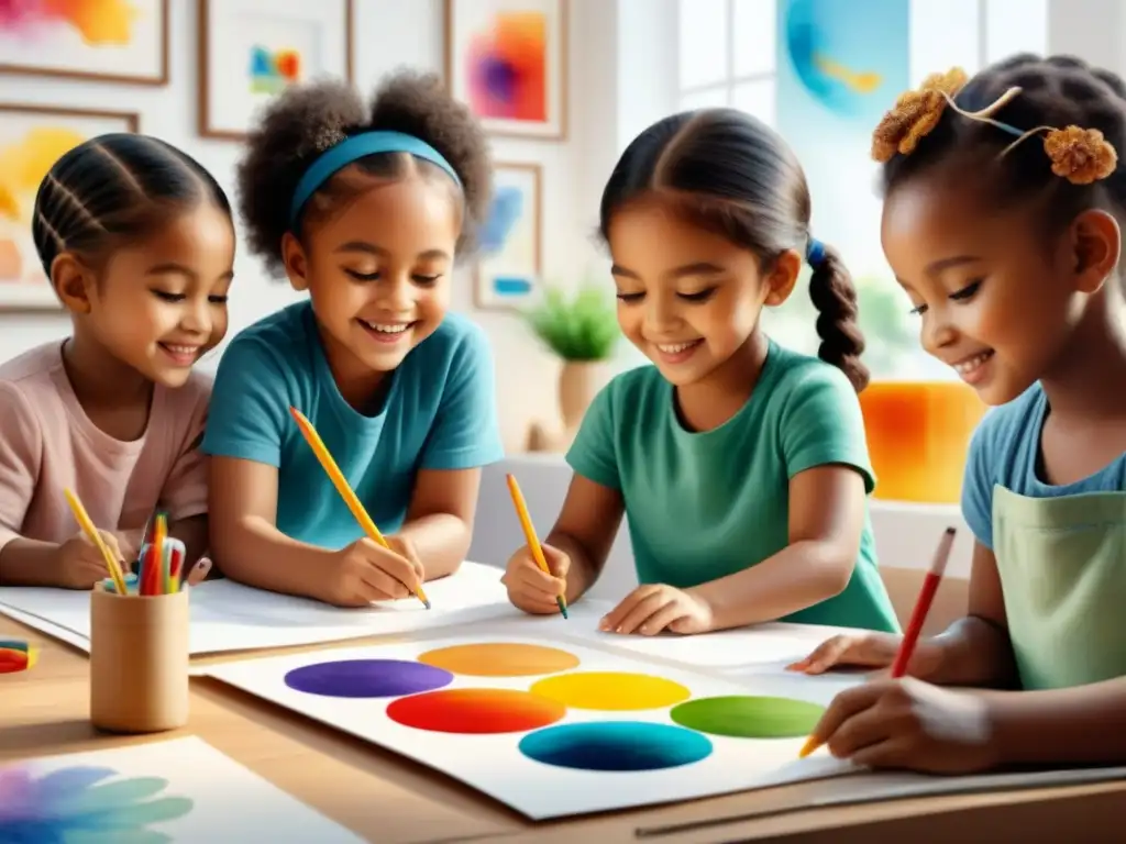 Un grupo diverso de niños dibuja juntos en armonía, demostrando la importancia del dibujo infantil en la creatividad y la unión