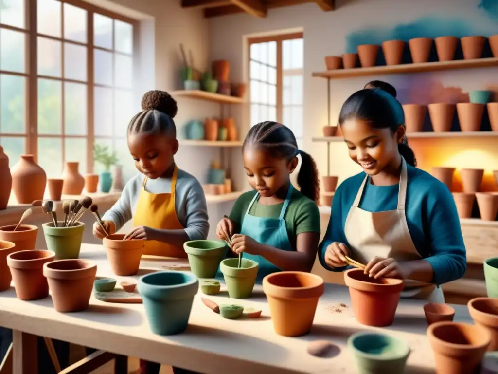 Un grupo diverso de niños esculpiendo juntos en un estudio de arte colorido y luminoso