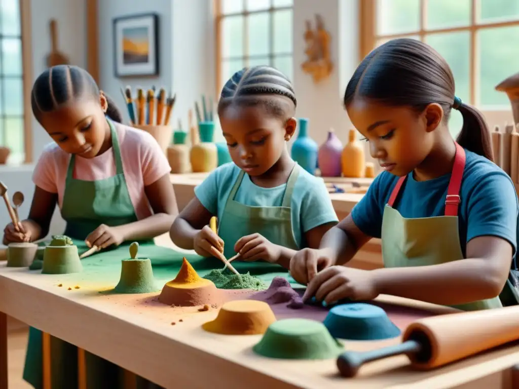 Grupo diverso de niños esculpiendo juntos en un estudio vibrante, destacando la percepción espacial en escultura