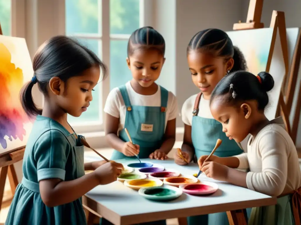 Grupo diverso de niños pintando juntos con alegría en un estudio de arte, creando con concentración y autoestima