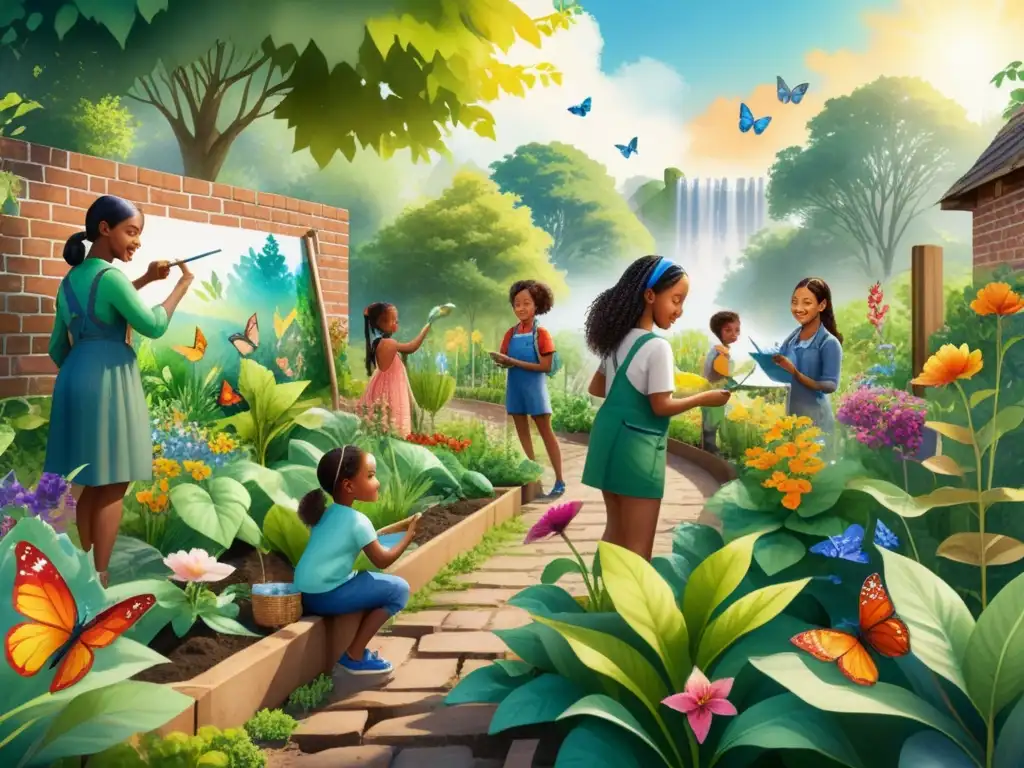 Grupo diverso de niños pinta mural en jardín comunitario, promoviendo la sostenibilidad y el arte