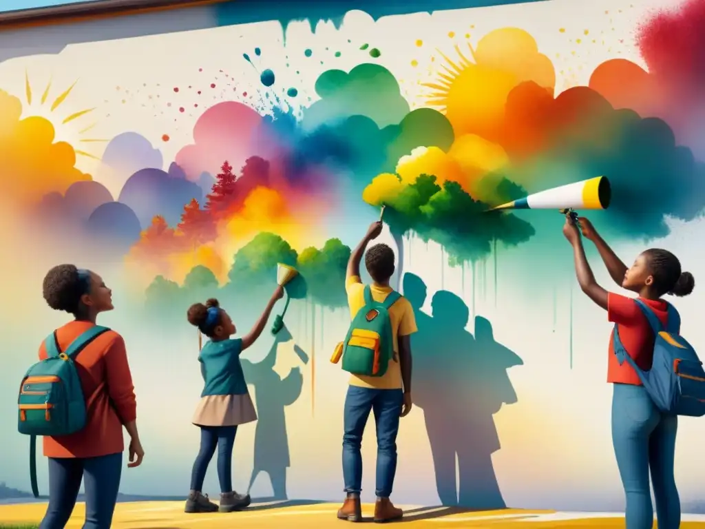 Un grupo diverso de niños colabora en un mural escolar, reflejando trabajo en equipo y unidad