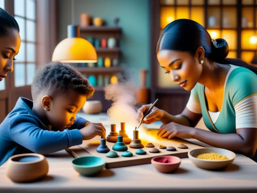 Un grupo diverso de niños explorando texturas y materiales en actividades de arte táctil, rodeados de colores vibrantes y patrones juguetones