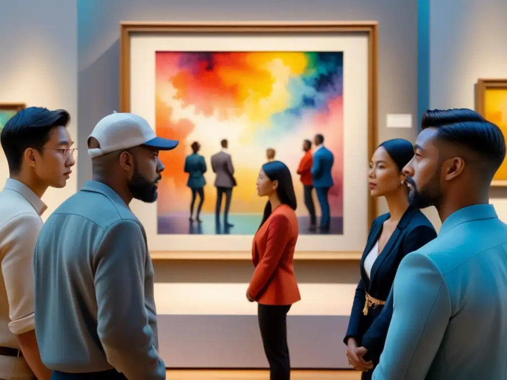 Un grupo diverso admira una obra de arte vibrante, reflejando la resonancia emocional de las obras de arte en un museo