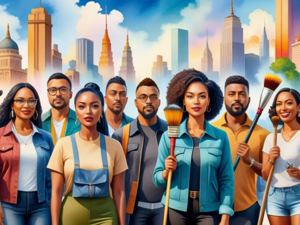 Un grupo diverso de personas crea arte en un lienzo gigante, unidos por la igualdad y el cambio social