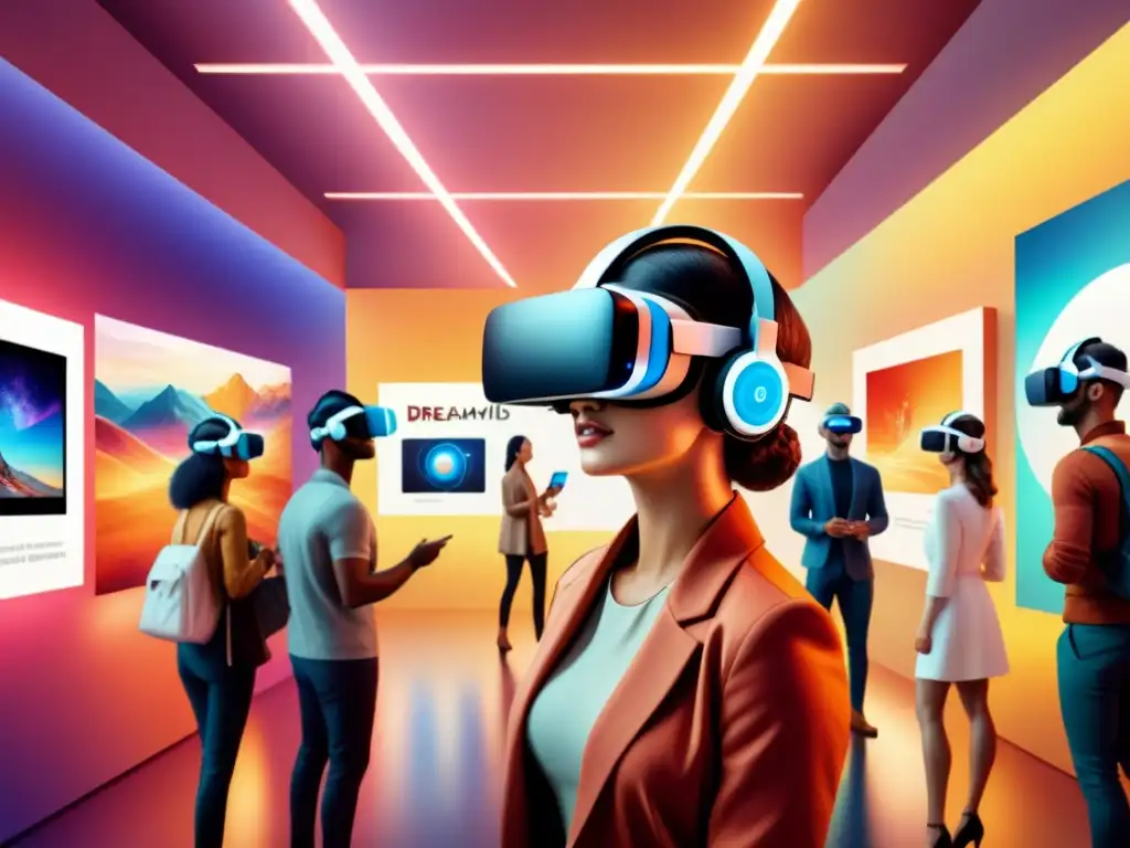 Un grupo diverso de personas usa auriculares de realidad virtual para explorar un museo de arte digital lleno de exhibiciones vibrantes e interactivas