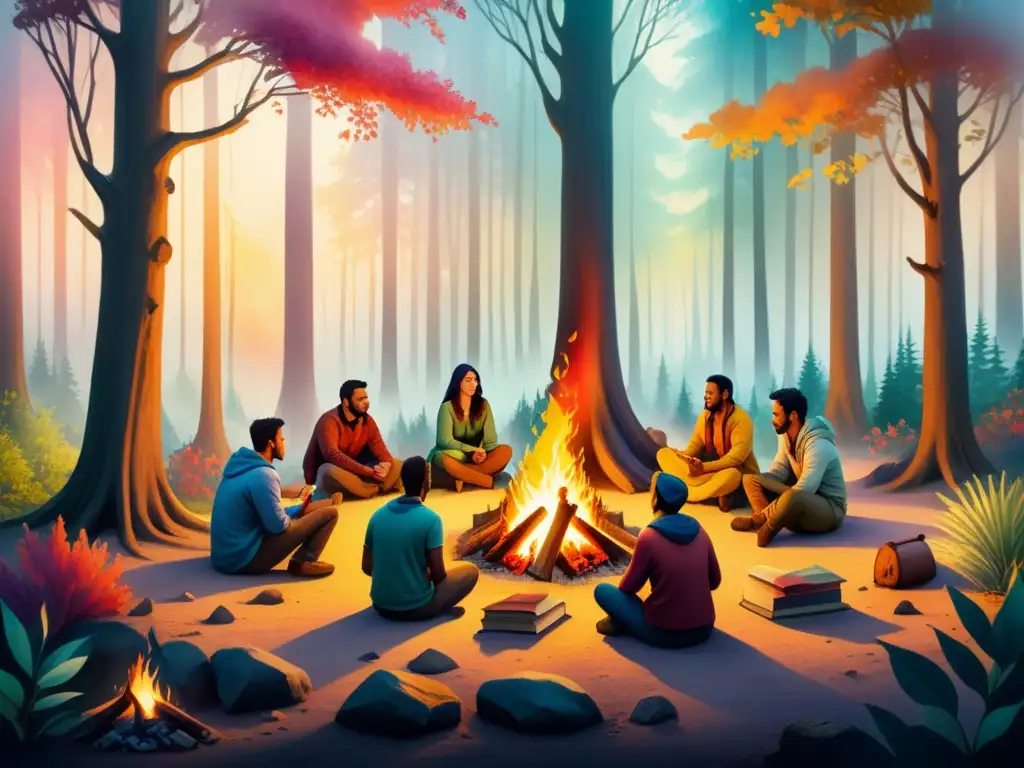 Un grupo diverso de personas alrededor de una fogata en el bosque, cada uno leyendo un libro con historias visuales únicas