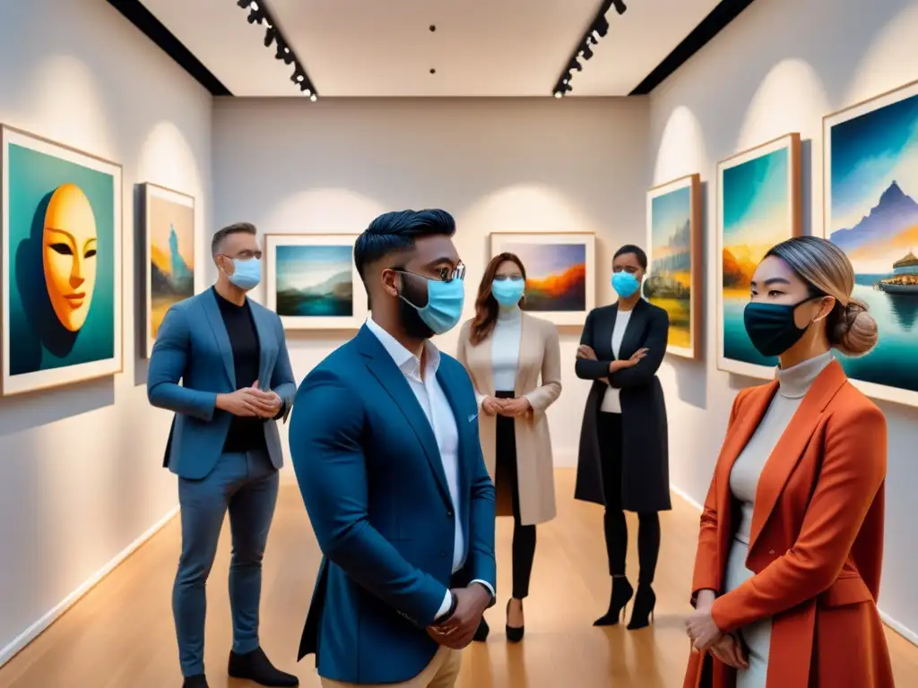 Un grupo diverso de personas usa mascarillas mientras disfrutan del arte en una galería elegante, destacando la importancia de invertir en arte durante pandemia