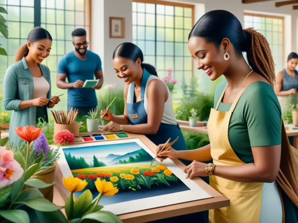 Un grupo diverso de personas disfruta de proyectos artísticos juntos en un entorno natural, fomentando la salud mental y la comunidad