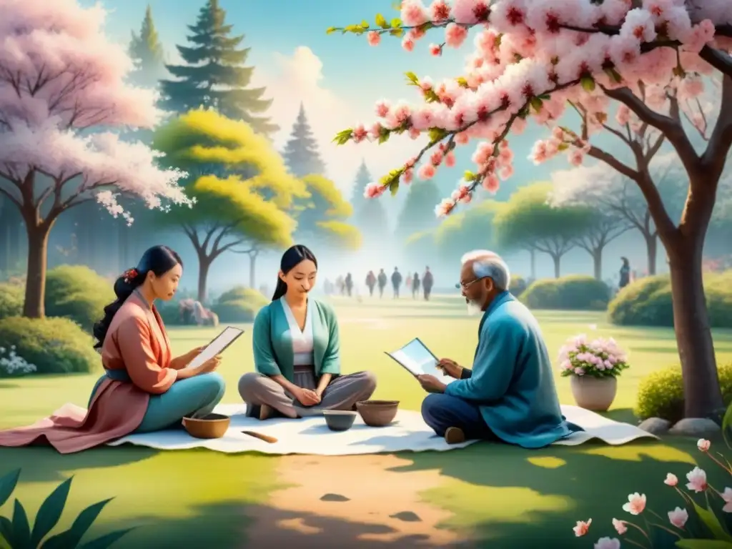 Un grupo diverso disfruta de proyectos artísticos de salud mental en comunidad bajo un cerezo en flor