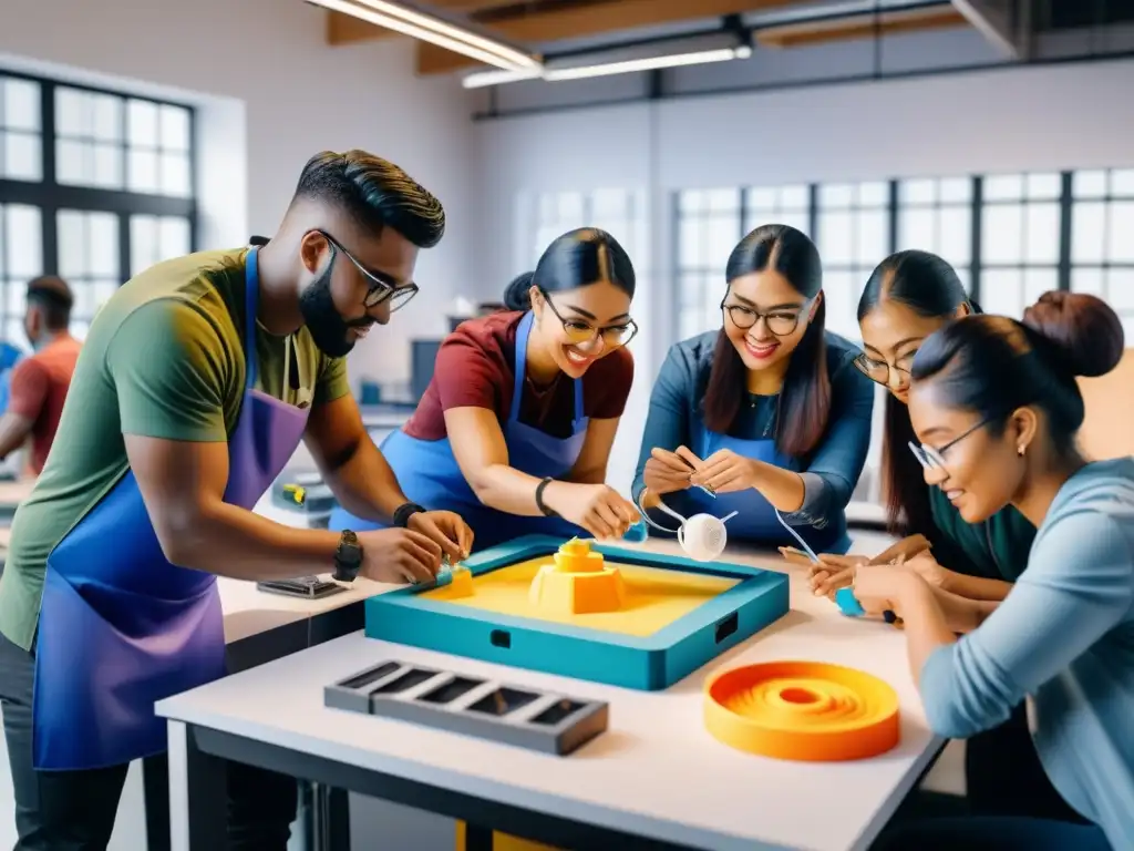 Un grupo diverso colabora en proyectos impresión 3D impacto social en un taller comunitario vibrante y lleno de color