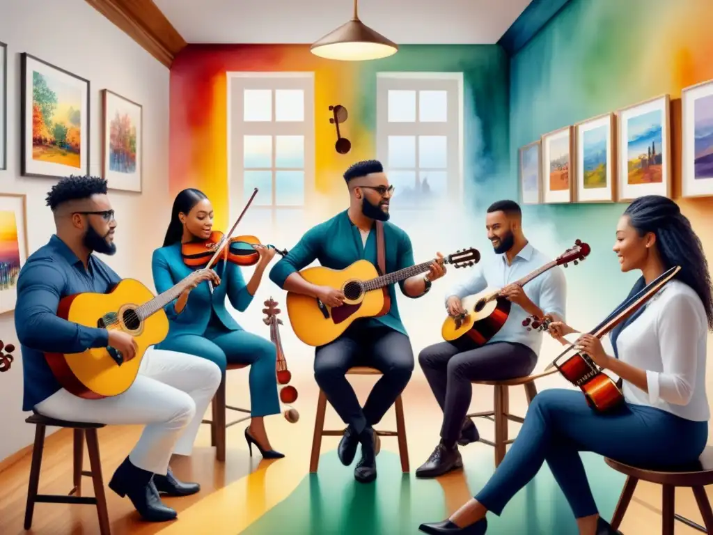 Sesión de arte terapia y música: expresión creativa Un grupo diverso se conecta a través de la música y el arte en una terapia llena de color y armonía