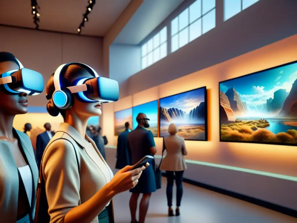 Un grupo diverso de visitantes del museo disfruta de experiencias inmersivas en arte visual con realidad virtual