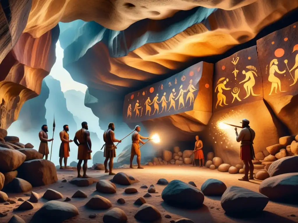 Un grupo de humanos prehistóricos pintando símbolos en cueva oscura