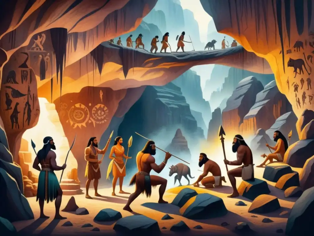 Un grupo de humanos prehistóricos pintando símbolos en cueva