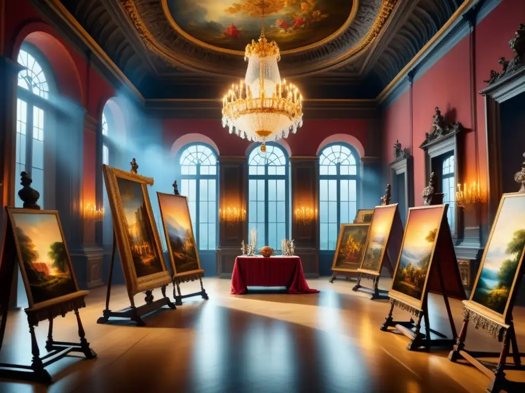 Grupo de maestros olvidados del Barroco redescubriendo su arte en un estudio ornamentado y lleno de color