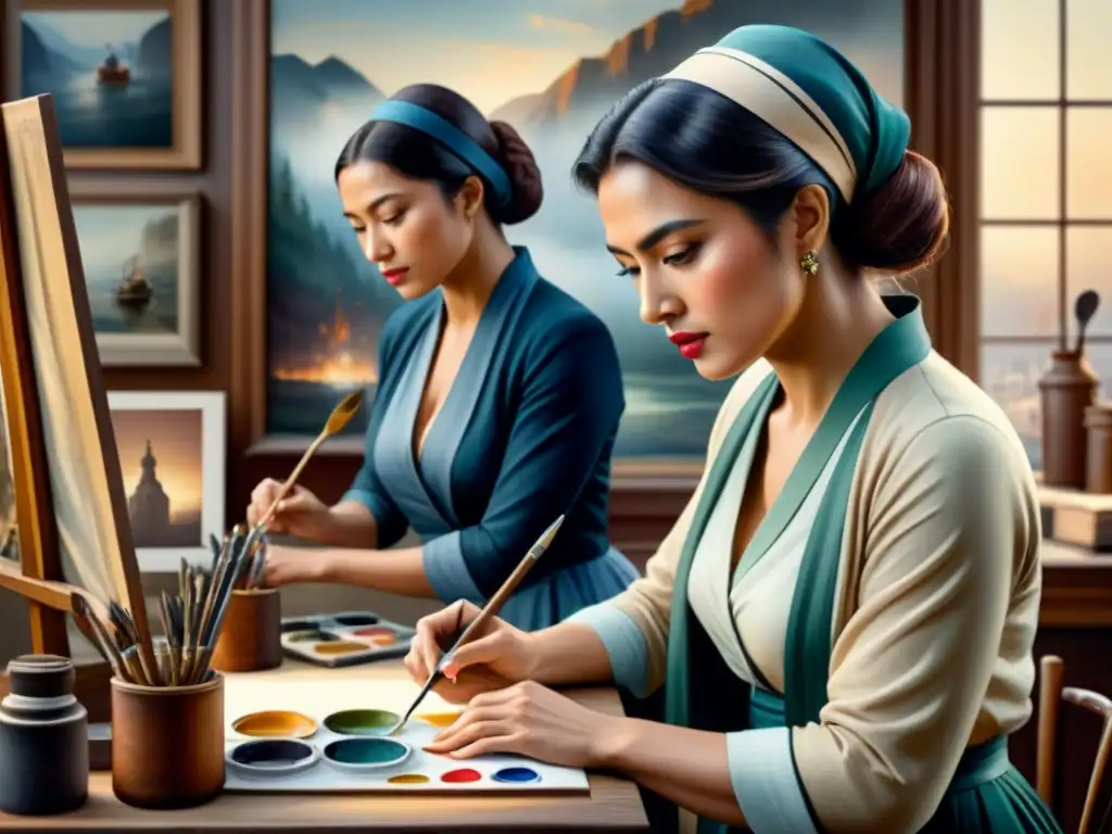 Grupo de mujeres pioneras del arte visual del movimiento Realismo, inmersas en su trabajo creativo