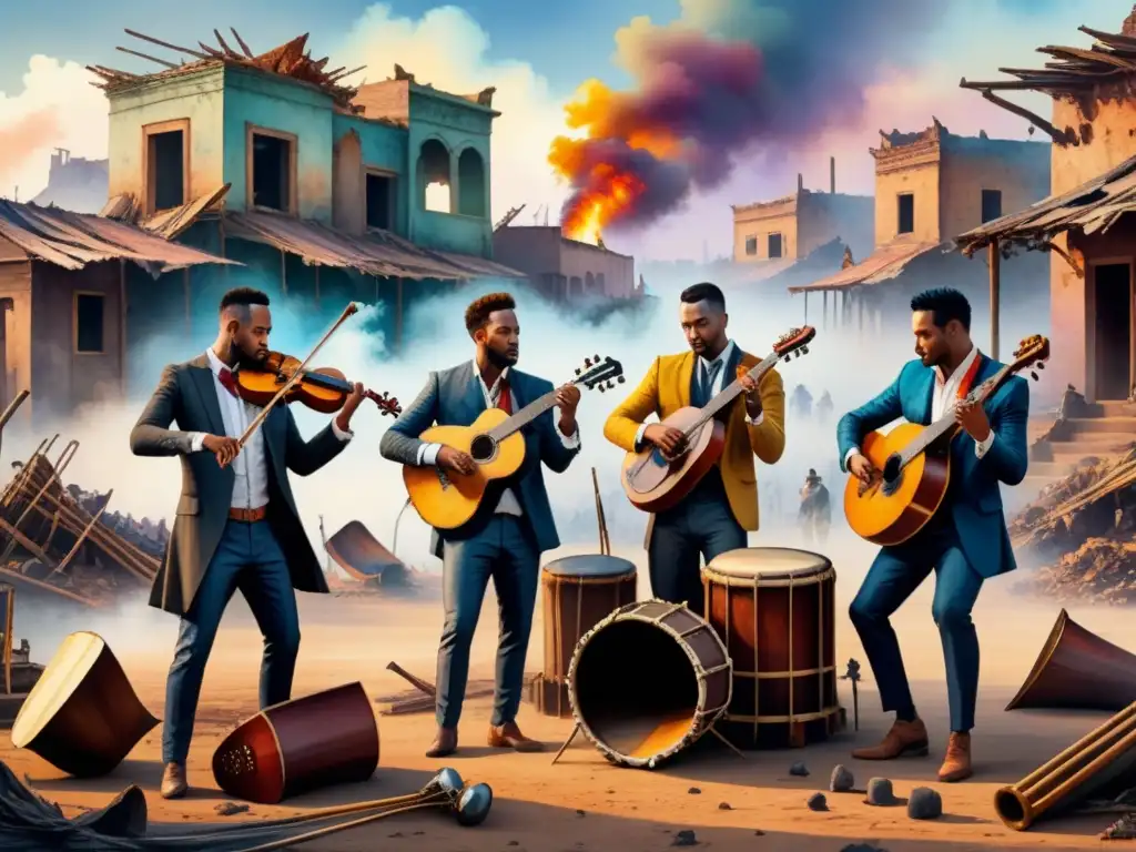 Grupo de músicos tocando en un paisaje de guerra, expresando música en tiempos de adversidad con resiliencia y armonía en su arte