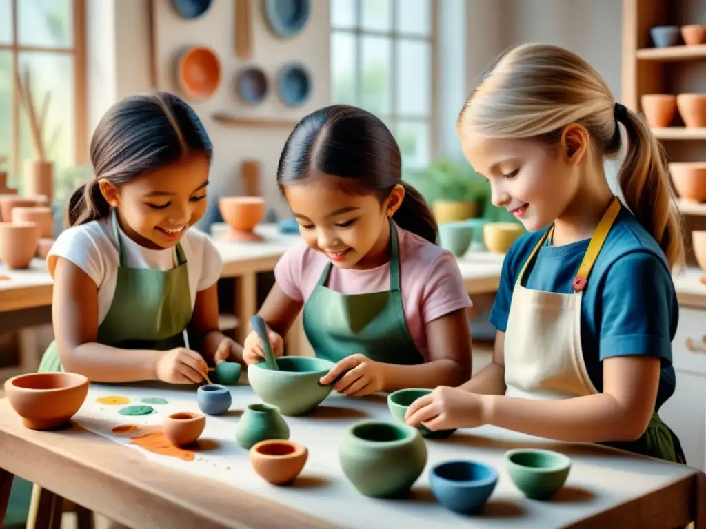 Grupo de niños disfrutando actividades de cerámica en un estudio colorido y vibrante