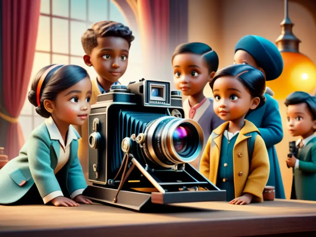 Un grupo de niños diversos rodea una cámara de cine vintage en un set mágico