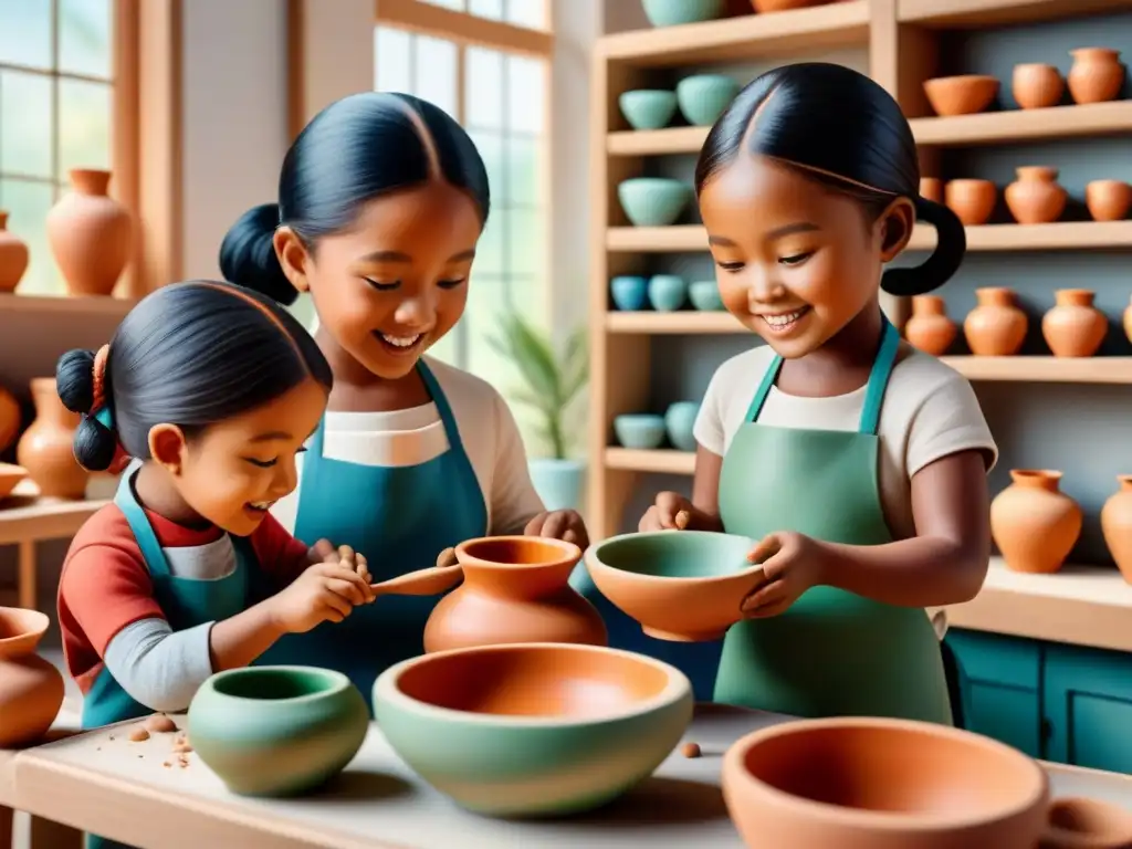 Un grupo de niños diversos crea cerámica con alegría en un taller colorido